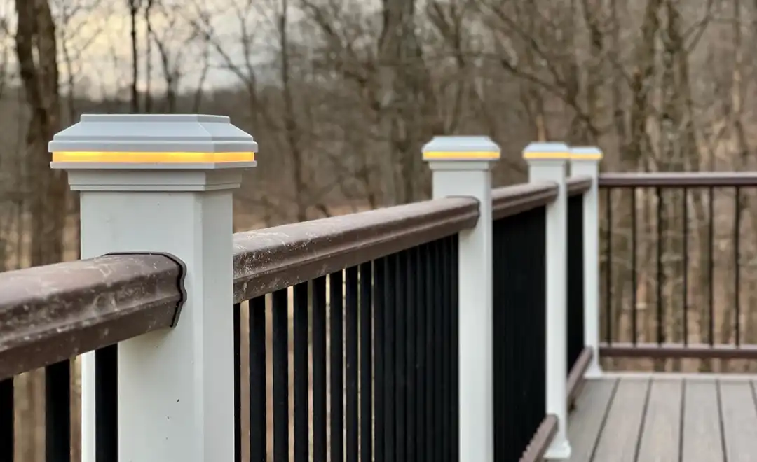 Photo of Trex Decking railing, posts, and post cap lighting.