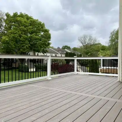 Elevated Composite Deck with Black railings and lighting - Deck builders near me in Maple Glen PA