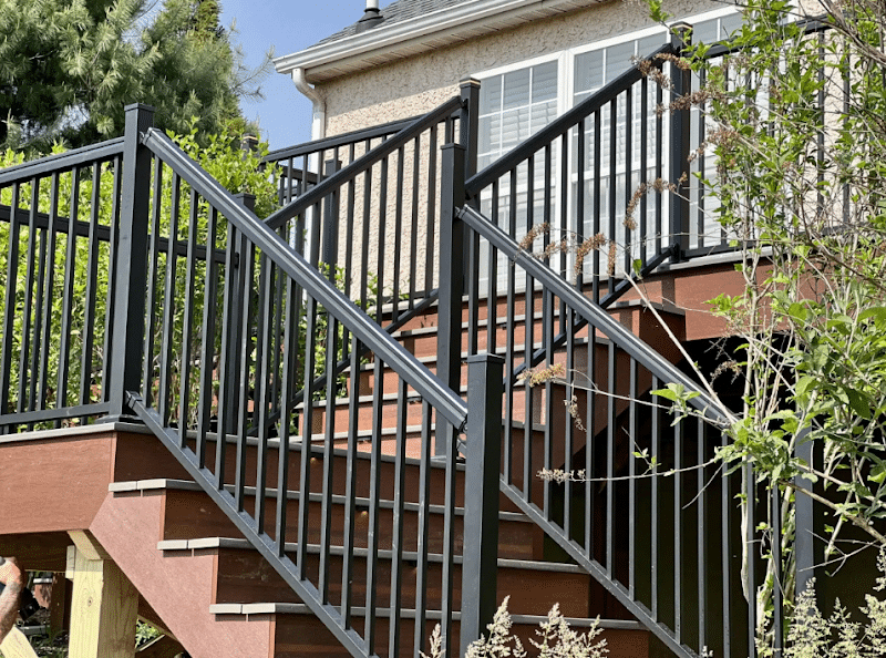 black deck railing with steps and platform - Custom Azek Deck builder and contractor Bucks & Montgomery County Pennsylvania