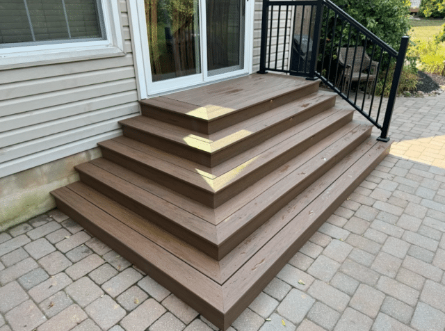 small custom deck design with steps and railing